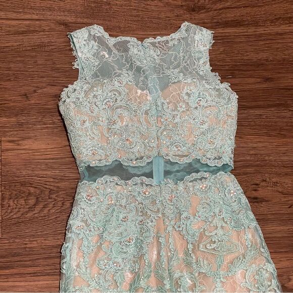 Gigi Sleeveless Mock 2 Piece All Over Lace Dress Sheer Midriff Aqua Mint Blue 00 - Picture 12 of 16